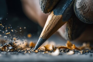 Close-up view of a hand sharpening a pencil with wood shavings flying in a creative workspace