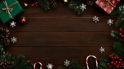 Seasonal top view with green present snowflakes candy cane red berries and bell on wood