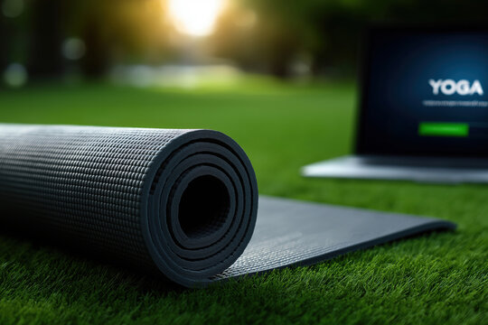 Yoga mat ready for practice under the evening sun in a park
