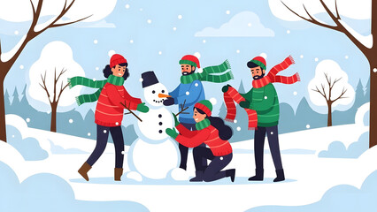 Kids Building a Snowman in Winter