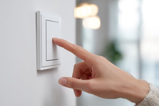 Hand pressing a modern light switch in a bright room during the day