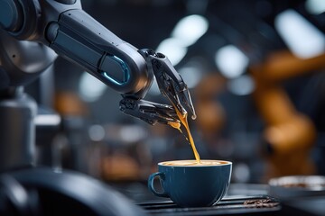 Robot barista prepares latte art in a modern coffee shop during the afternoon