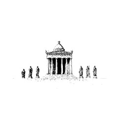 Obraz premium Illustration of a classical building with dome and statues in black and white drawing style art work