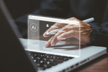 A user interacting with a futuristic AI chat interface on a laptop, representing artificial intelligence, smart communication systems, digital assistants, and advanced interaction technology.