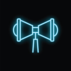 Blue neon sign of traditional japanese street loudspeaker mounted on tripod is glowing on black background