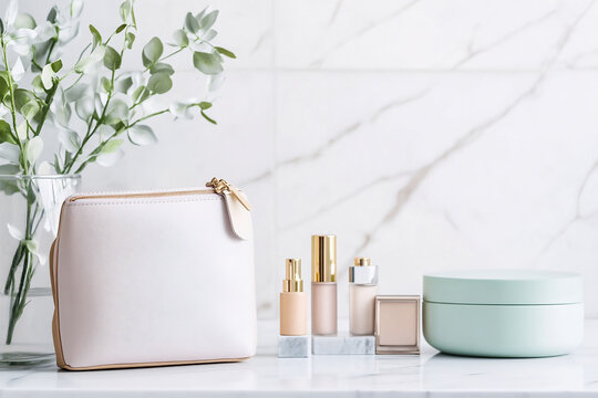 A pastel-colored makeup bag sits next to carefully arranged cosmetics in a stylish bathroom, exuding elegance and vitality - Powered by Adobe