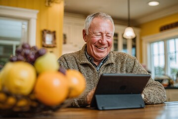 Older man enjoying a light moment while using a tablet in a cozy kitchen filled with fresh fruit