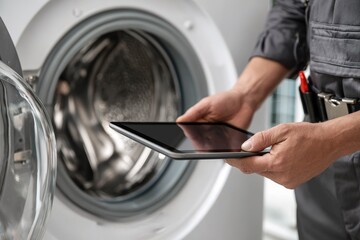 Technician using a tablet to inspect a washing machine at a service center in the afternoon