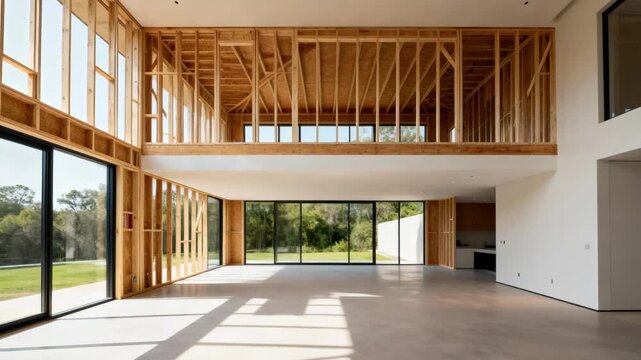 Twostory wall continuation with balloon framing in an openplan house showcasing spacious interior framing and natural light entering through wide window openings.