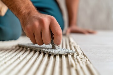 Hand applying tile adhesive on a floor during a home renovation project in a well-lit interior space