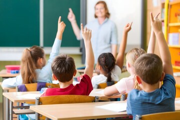 Elementary School Classroom with Students Raising Hands and Teacher Smiling