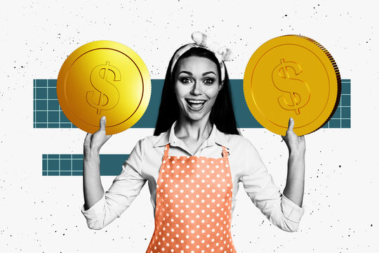 3d trendy image photo collage of happy businesswoman receive dollar coin income success capital profit jackpot millionaire