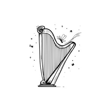 Illustration of a harp with a dragonfly and small insects in a black and white sketch style drawing