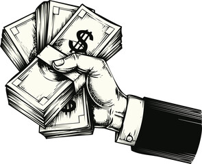 An engraving art style illustration vintage hand in suit sleeve holding thick stack of cash money