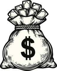 An engraving art style illustration hand drawn vintage style money bag with dollar sign symbol