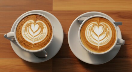 Share a perfect moment with two cappuccinos featuring beautiful latte art hearts on a warm wooden table, ideal for coffee shops and cafes