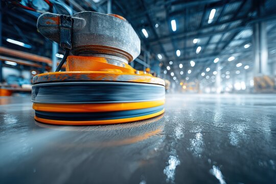 Industrial floor polishing in a large warehouse with machinery in operation during daylight hours
