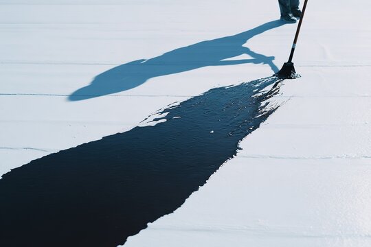 Worker applies black paint on a white surface in a creative outdoor project during bright daylight - Powered by Adobe