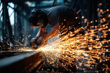 Skilled worker using an angle grinder in a workshop, creating sparks during metal fabrication at sunset