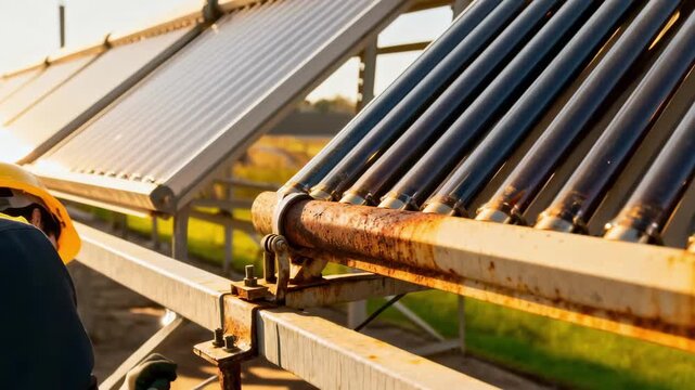 Expert evaluates a solar water heaters outdoor collectors examining tubes and mounting hardware to ensure optimal sunlight absorption.