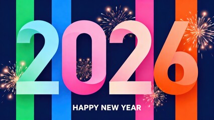 Celebratory New Year 2026 Design Featuring Colorful Stripes and Fireworks, Welcoming a Fresh Start and Joyful Moments Ahead