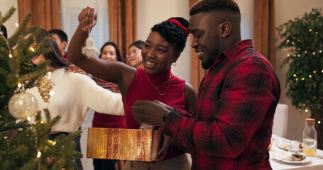 Dancing and having fun, a multi-ethnic boy and girl in red clothes celebrate the beginning of winter vacation. They hold a box of Christmas decorations and hang them on the Christmas tree.