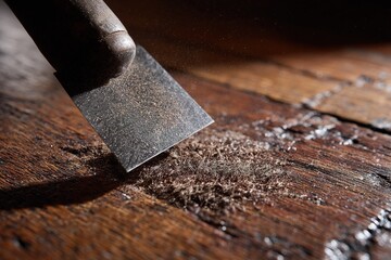 Scraping dust from a wooden surface with a tool to restore the original finish in a well-lit workshop