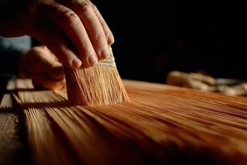 Artisan applies finish to wooden surface using a brush in a cozy workshop during late afternoon