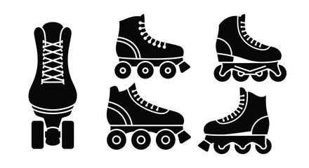 Black and white illustration of various roller skates and a winter boot