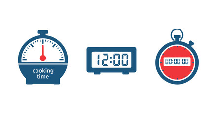 Three timekeeping devices displayed a kitchen timer digital clock and stopwatch