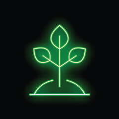 Naklejka premium Green neon sign depicting a small plant growing in soil with a black background
