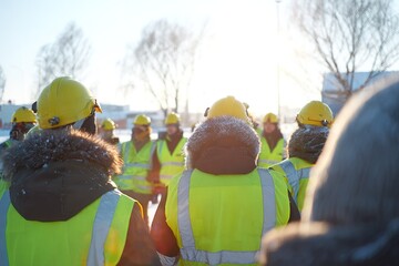 Construction team prepares for a project briefing in winter sunlight at a job site