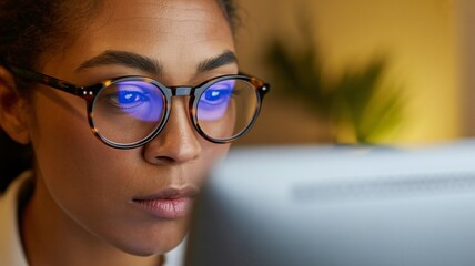 Focused woman works late night shift with computer screen reflection