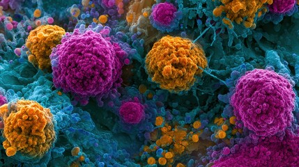 Obraz premium digital streams of binary code transforming into organic cell-like structures, merging technology and biology, futuristic cyber-medical theme, cool neon palette