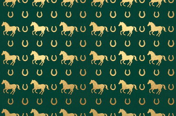 Repeating seamless pattern of golden horses and horseshoes on a dark green background. The design is suitable for textiles or wallpapers.Generative Ai 