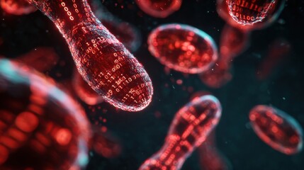 digital streams of binary code transforming into organic cell-like structures, merging technology and biology, futuristic cyber-medical theme, cool neon palette