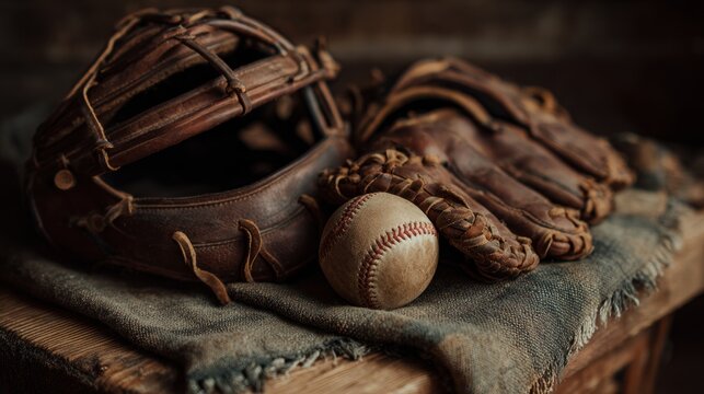 Close-up of catcher gear (mask, glove, ball) neatly arranged on wooden bench, rustic textures, storytelling still life photography.