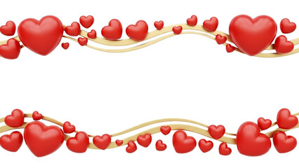 Red hearts and gold wavy ribbons on black background border love valentine