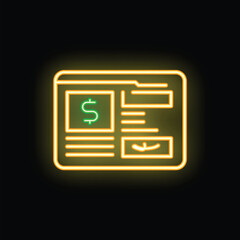 Glowing neon icon of online banking system interface showing financial transaction with dollar sign