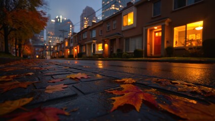 Fototapeta premium Warm Glow of Autumn: A Serene Perspective on a Cozy Urban Street at Dusk, Highlighted by Fallen Leaves and Twinkling City Lights