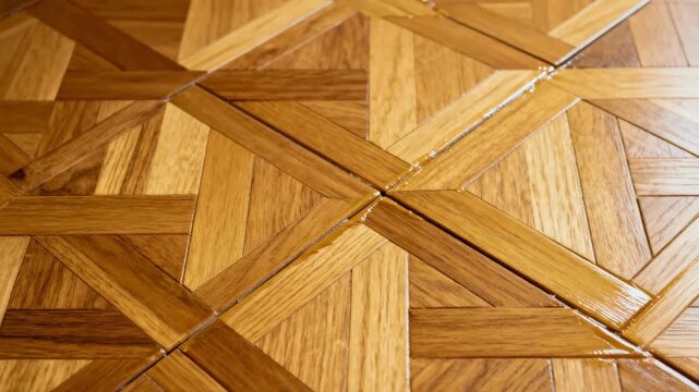 Focused medium shot on detailed alignment of engineered wood in intricate parquet pattern utilizing glue method for durable artistic floor installation.