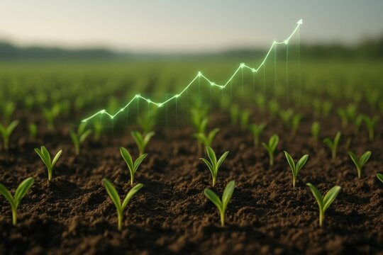 Ultra-wide-angle view of young green seedlings growing in moist soil under soft morning light, symbolizing sustainable growth and connection between nature and digital technology through a glowing dat - Powered by Adobe