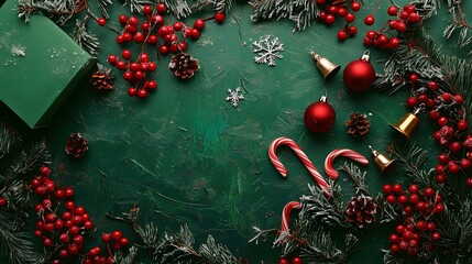 Overhead view of festive green box red berries snowflakes bell and candy cane
