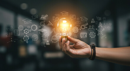 Brilliant idea ignites innovation and learning with glowing light bulb and education icons