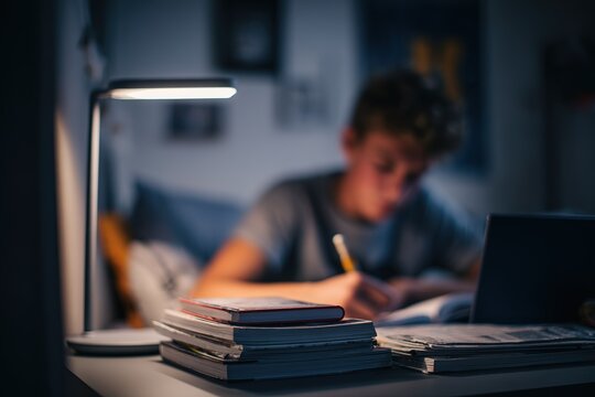 Student studying late at night with books and a laptop on their desk in a cozy room