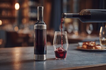 Wine being poured into a glass in a cozy restaurant setting during evening hours
