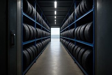 organized tire storage facility featuring rows of new black automobile tires on blue metal racks, illuminated by cool industrial lighting in a clean, modern environment.
