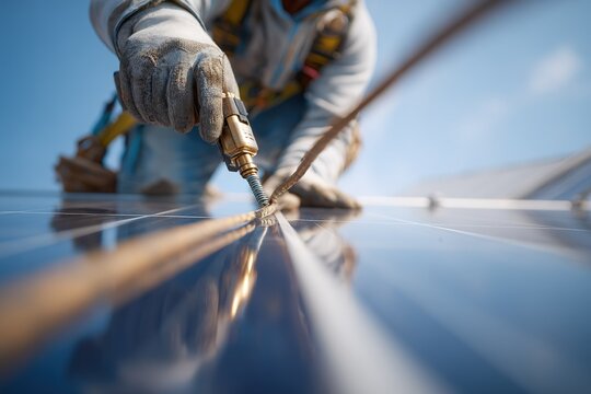 Worker installs solar panel with tools on a rooftop under a clear blue sky during daylight hours