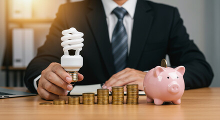 Smart entrepreneur holding energy-saving bulb, planning financial growth with growing coins and piggy bank