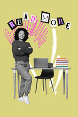 Naklejka premium Banner template collage of person stand office desk having slogan read more over yellow background